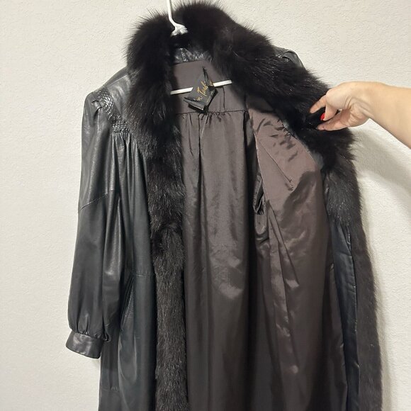 John Fauben Womens Vintage Black Tuxedo Style FoxFur Leather Trench Coat Size XL - Picture 9 of 11